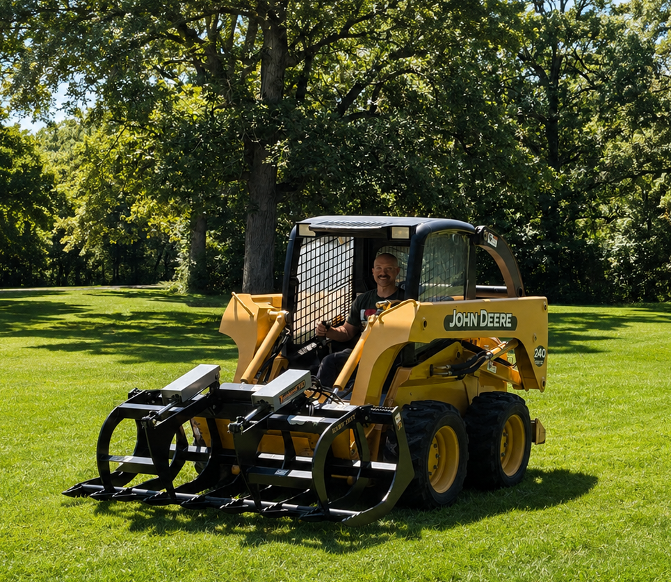 Michael driving skid steer in open field